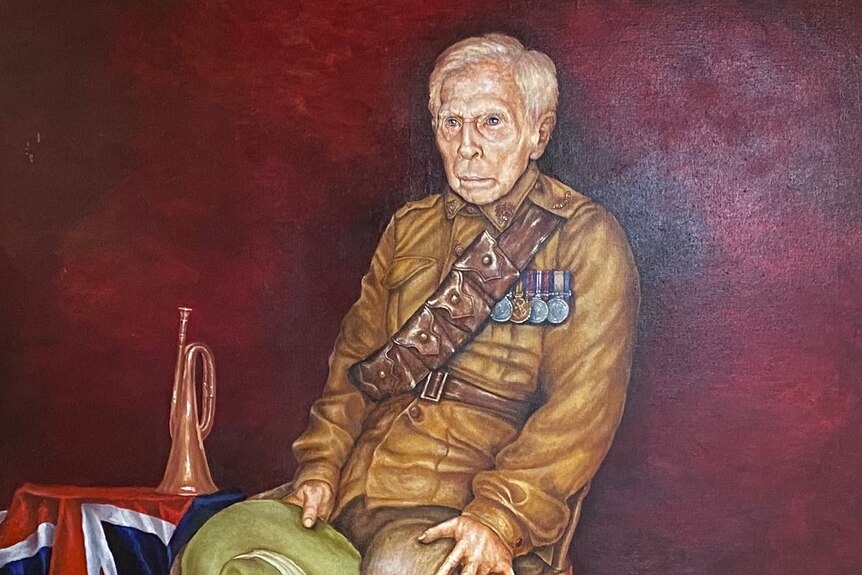 A painting of an older man in army uniform with a bugle by his side.