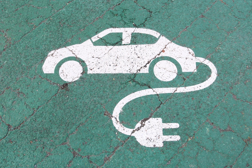 A white plogo of a car witha power plug on a gree background. 