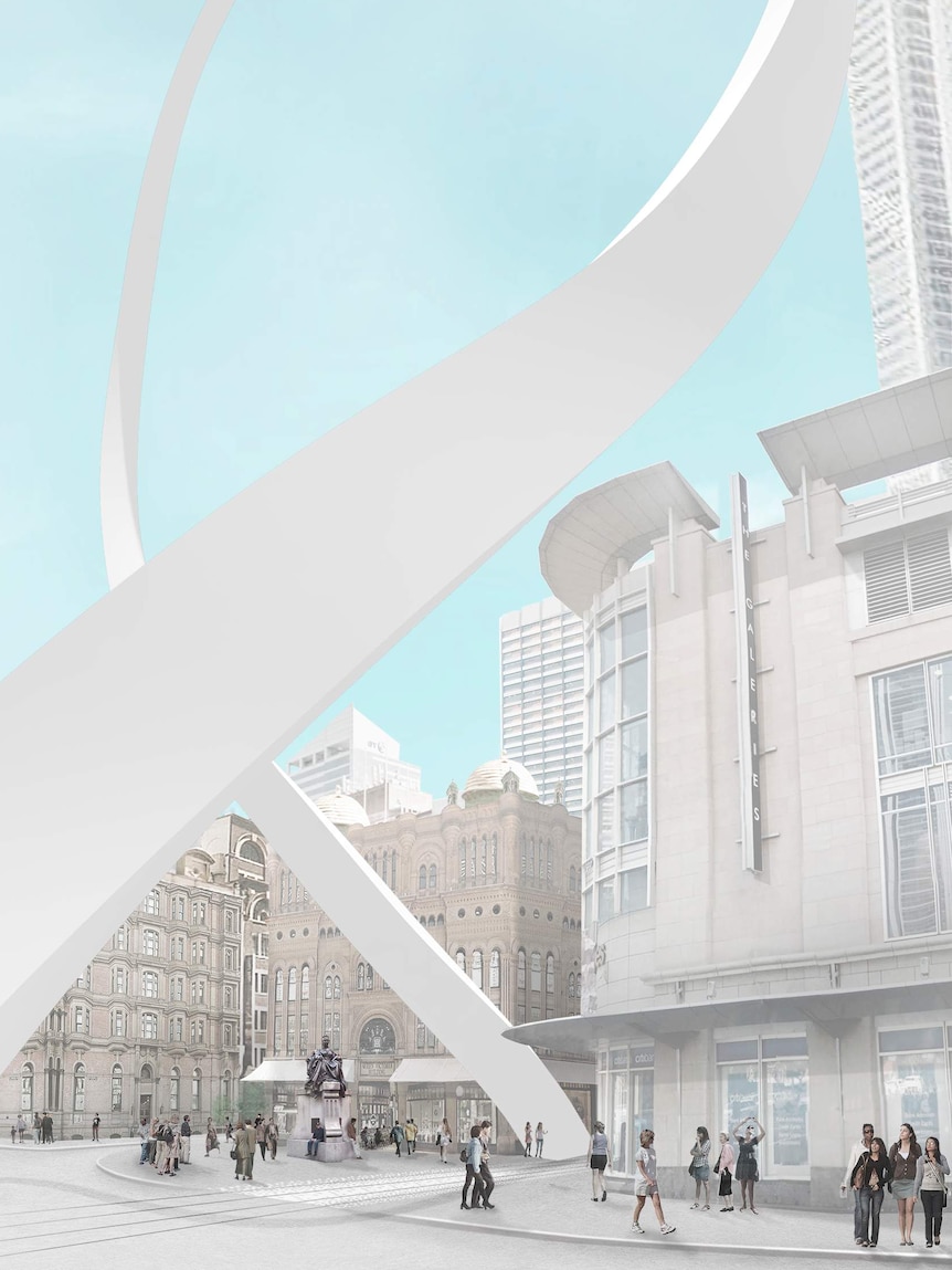An illustration shows an artist's impression of Cloud Arch, a public artwork that consists of a curved, white archway.