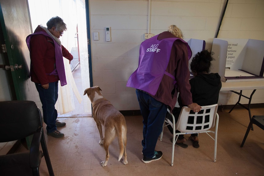 A woman votes while her dogs waits in the remote community of Blackstone, WA.