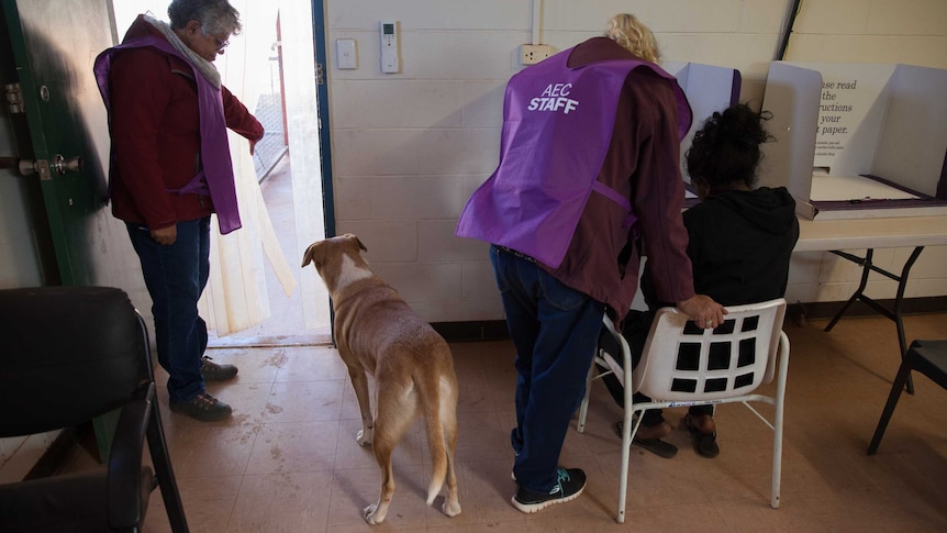 A woman votes while her dogs waits in the remote community of Blackstone, WA.