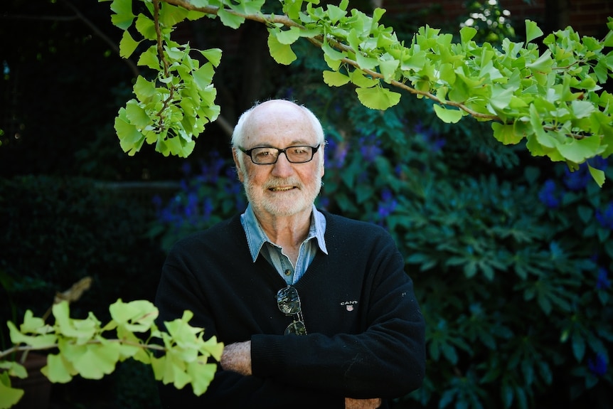 A portrait of a man with glasses and white hair