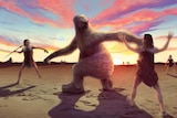 A giant sloth fights back against humans, while a hunter prepares to throw a spear