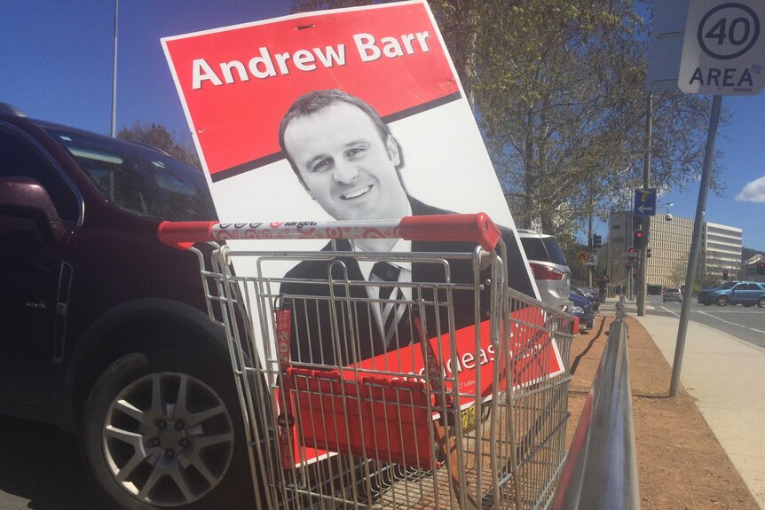 Andrew Barr corflute in a shopping trolley
