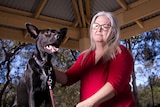 An Australian Kelpie and a woman wearing a red top.