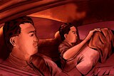 A drawing of a person with their head covered by a black hood in the back of a car with two men 