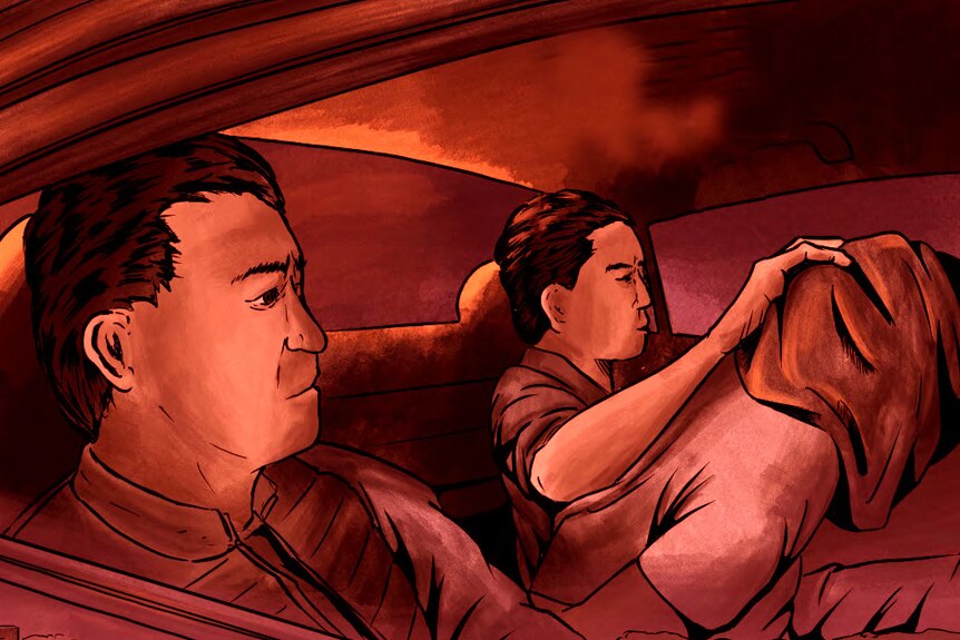 A drawing of a person with their head covered by a black hood in the back of a car with two men 