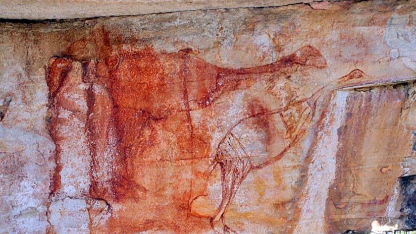 A red ochre painting, which depicts two emu-like birds with their necks outstretched