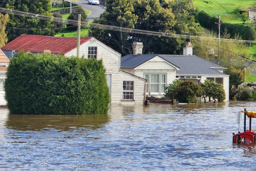 Floodwaters reach just under the windows of houses in Deloraine.