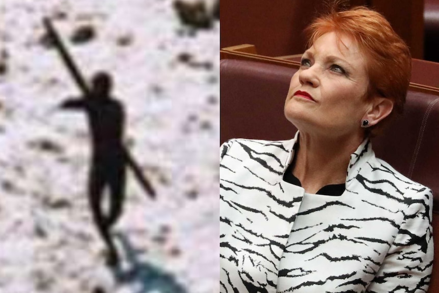 Composite image of North Sentinel Island tribesman and Pauline Hanson