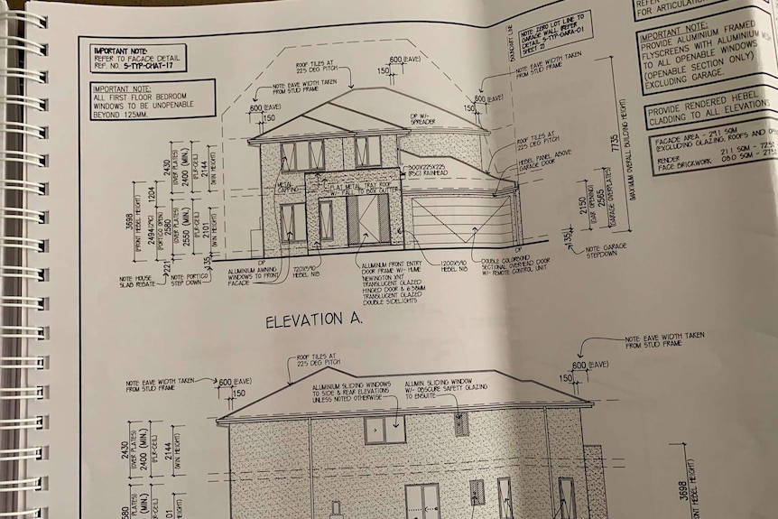 A page showing plans for the facade of a two-storey house