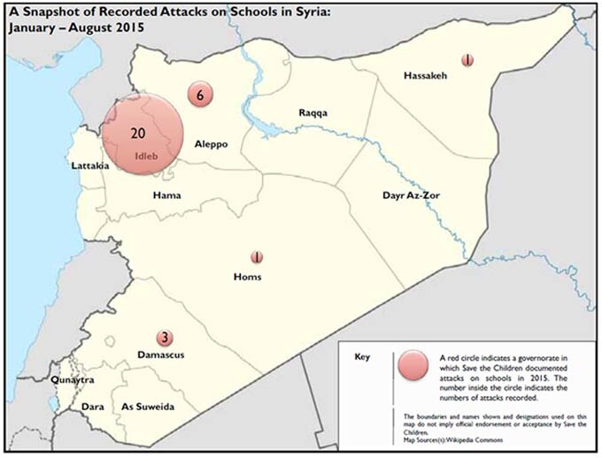 A infographic showing location of attacks on schools in Syria