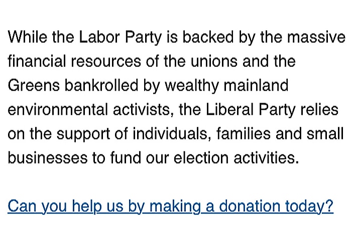 Screenshot of Tasmanian Liberals email asking for donations.