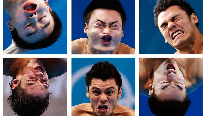 Faces only a mother could love ... divers caught mid-grimace during Olympic competition.