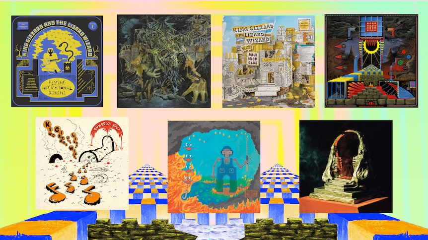 A collage of seven of King Gizzard & the Lizard Wizard's albums released between 2017 and 2019