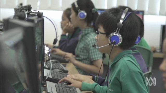 Primary students sit at computers