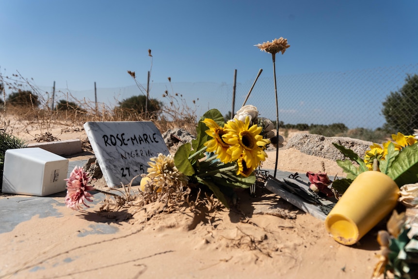 Sunflowers at a modst grave in the sand, marked by a small stone that says ROSE-MARIE