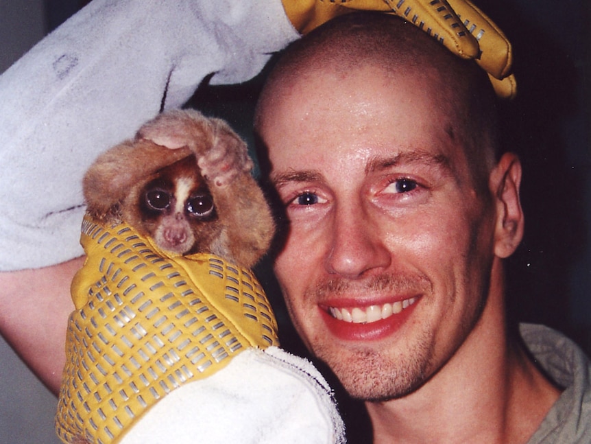 A man holding a small primate in baseball gloves