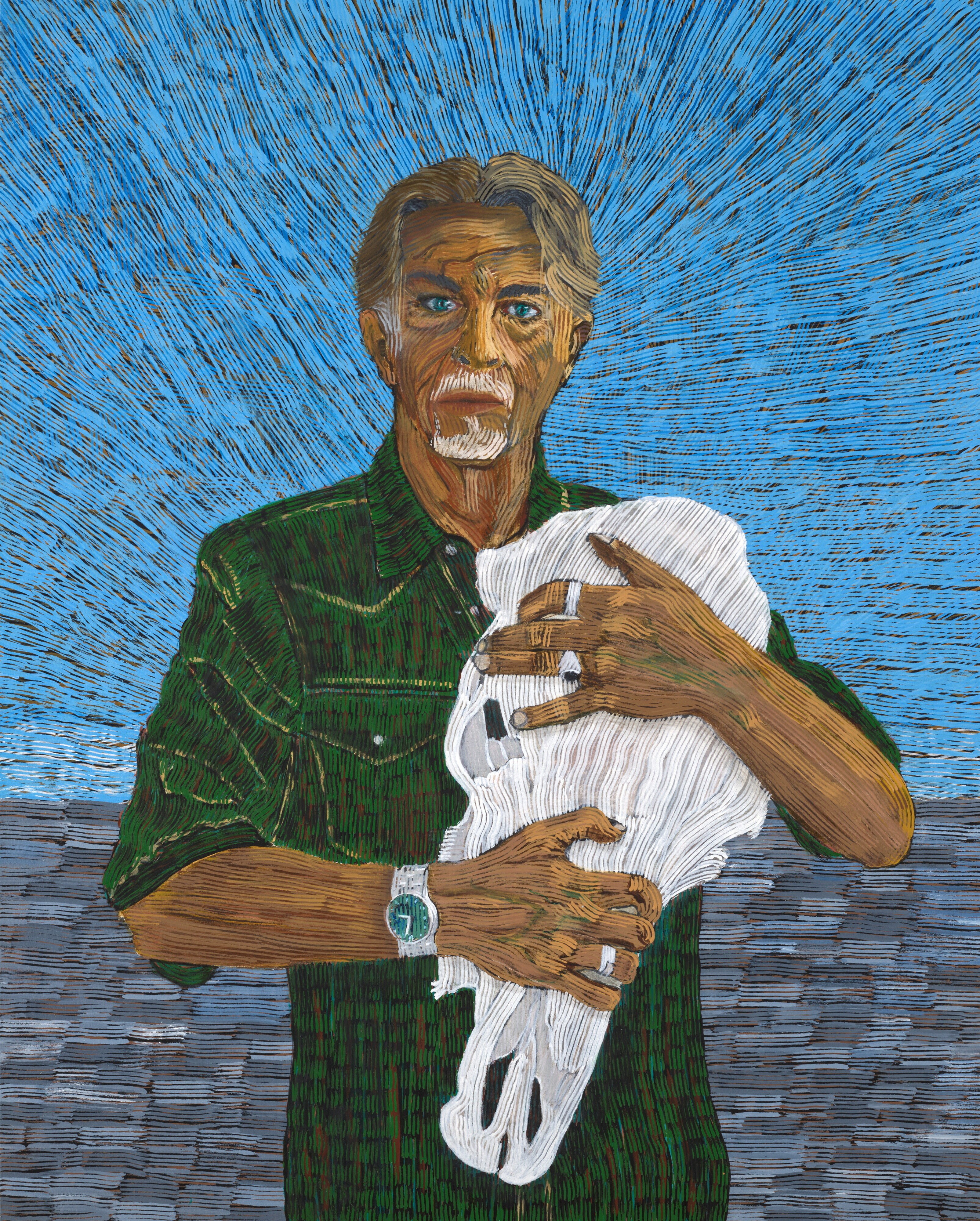 A portrait of Angus McDonald, an older man, painted with a toothbrush. He cradles an cow skull in his arms. 