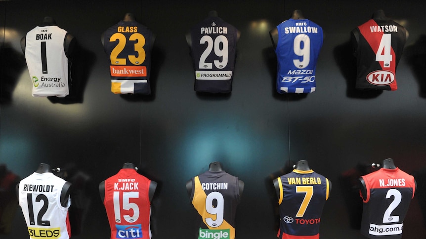 AFL team jersey's featuring captains names are displayed in Melbourne, on April 14, 2014.