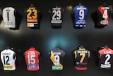 AFL team jersey's featuring captains names are displayed in Melbourne, on April 14, 2014.