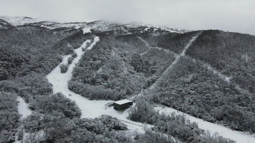 An overhead picture of the ski slopes at Thredbo with no people around.