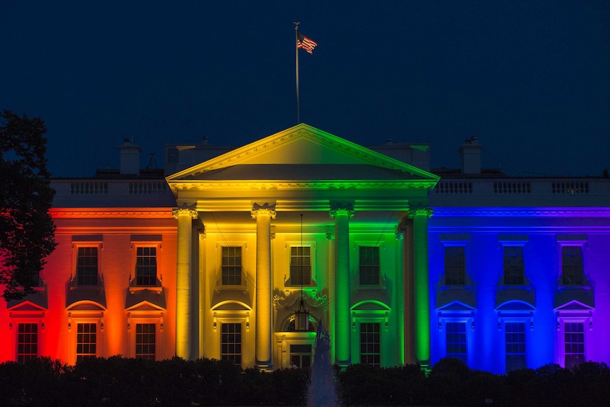 The White House covered in rainbow lighting