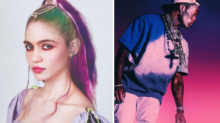 Press image of Grimes with green and purple hair, and press image of Lil Uzi Vert wearing backwards cap, t-shirt and chains