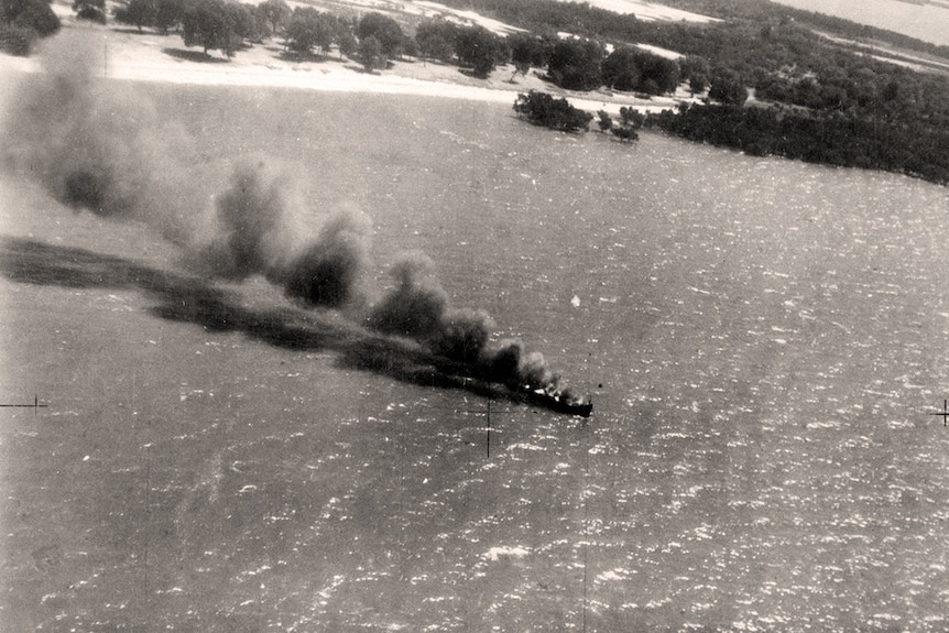 The supply ship HMAS Maroubra after being attacked off Milingimbi by the Japanese in 1943