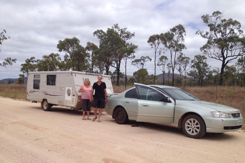 Jill and Wayne Houston from Fremantle, WA, on the unsealed Hann Highway in outback north Qld in August 2014