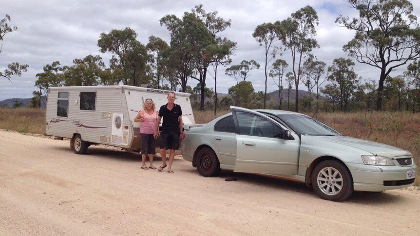 Jill and Wayne Houston from Fremantle, WA, on the unsealed Hann Highway in outback north Qld in August 2014