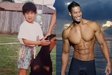 Composite photo of a young Viet Doan in Canberra and him now, competing as a bodybuilder.