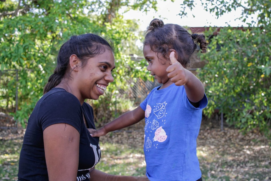 Kadjahna Skinner and her daughter in the remote Aboriginal community Looma.