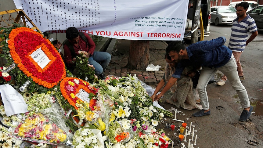 A makeshift memorial near the Holey Artisan Bakery in Dhaka