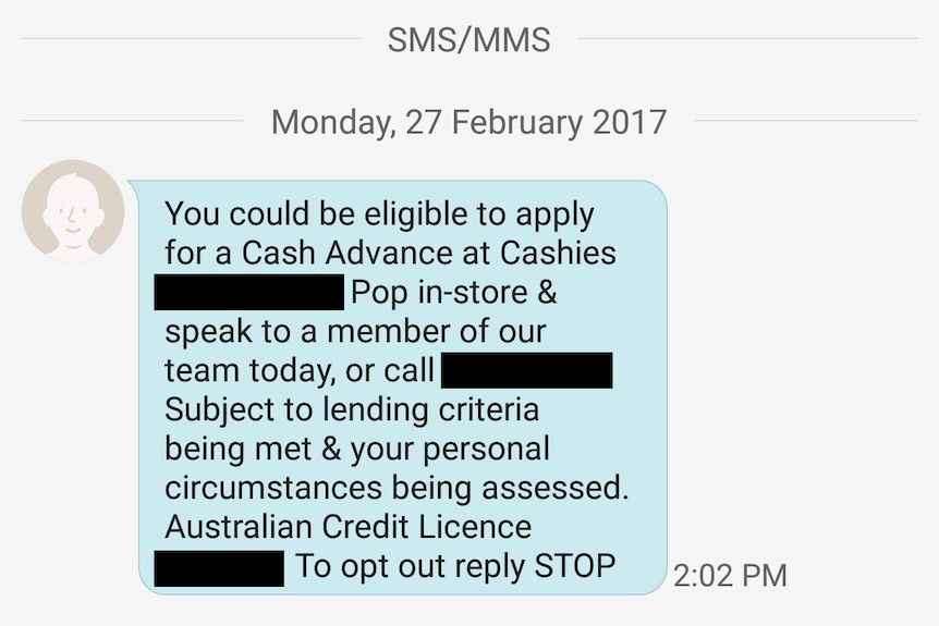 A screenshot of a text message sent from Cash Converters offering a cash advance to a customer.