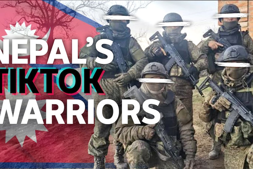 Nepal's TikTok Warriors: A squad of five soldiers with white bars across their eyes. A Nepalese flag is rendered on the left.