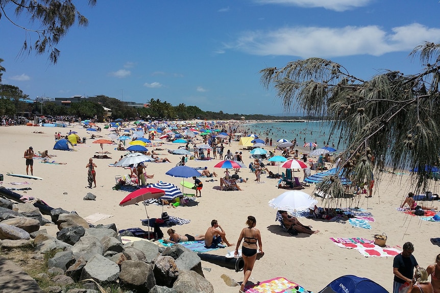A picturesque view of a beach filled with colourful beachgoers.