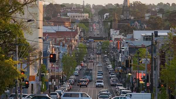 Colour photograph of Glenferrie Rd from high perspective looking down at busy streetscape.