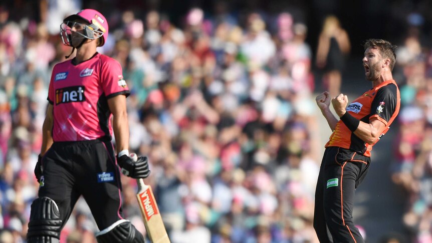 Andrew Tye celebrates wicket against Sydney Sixers
