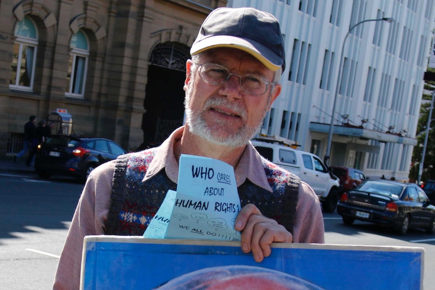 Anti-abortion campaigner John Graham Preston protests in Hobart.