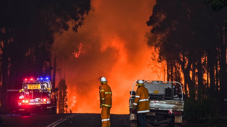 Firefighters on a road lit up by a huge blaze at night.