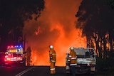 Firefighters on a road lit up by a huge blaze at night.