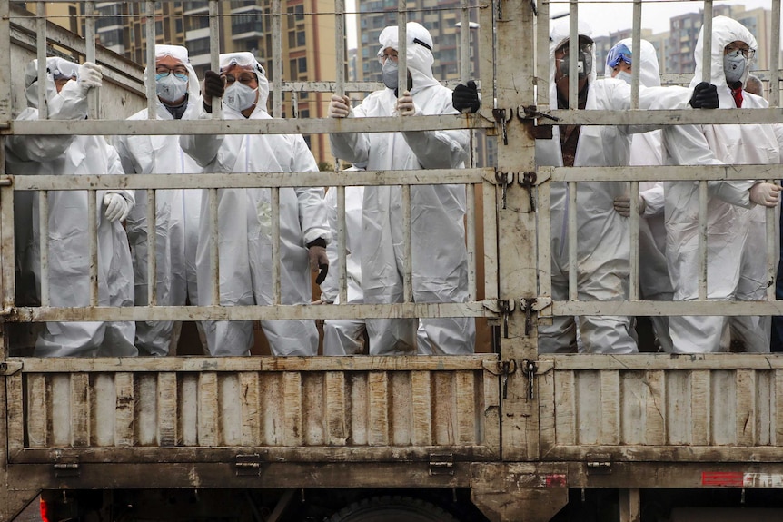 Workers in protective suits ride on a truck carrying medical supplies.