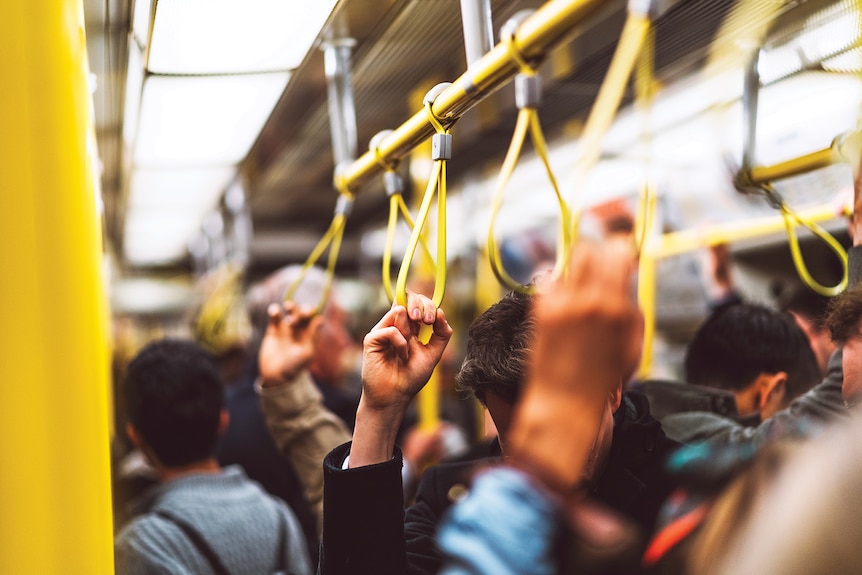 People holding onto handles on a crowded train.