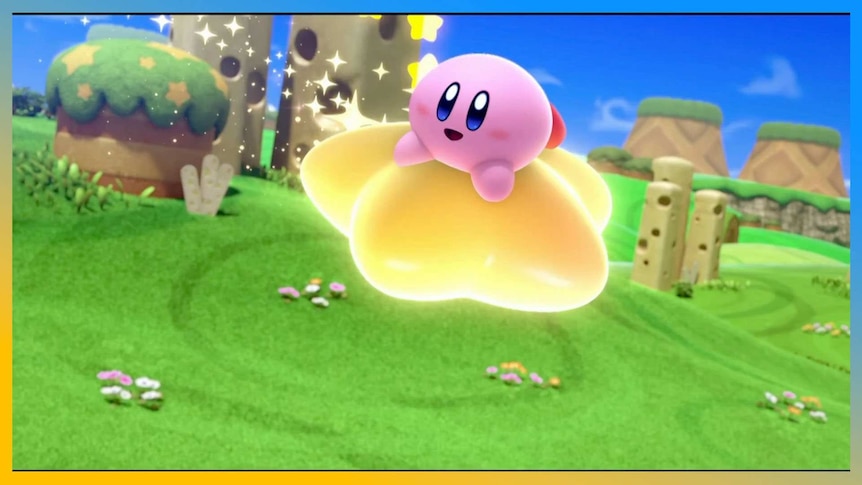 Kirby (pink boy) floating on a star cloud.