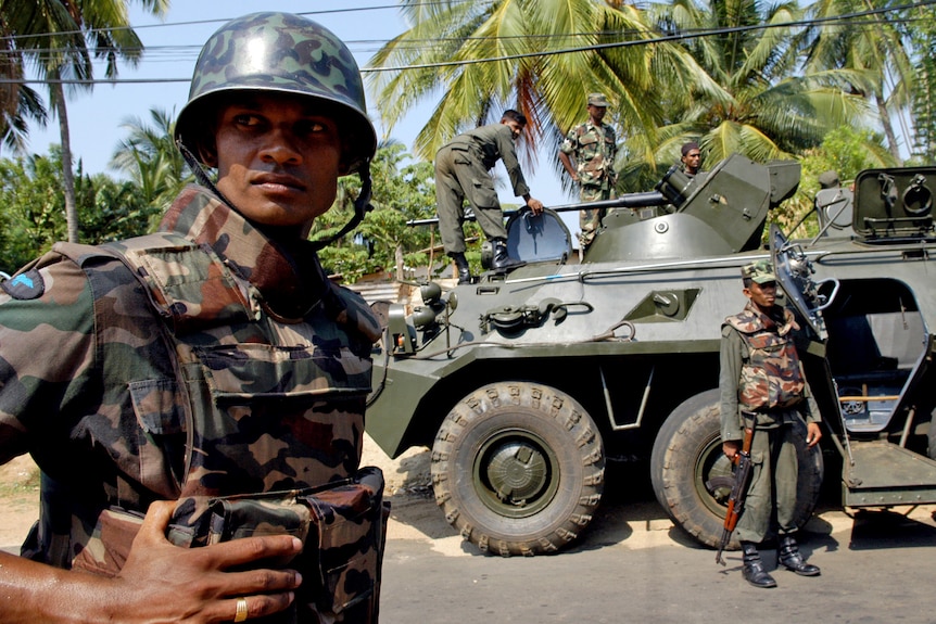 Un joven con equipo de combate se para cerca de un tanque que está estacionado debajo de una palmera.