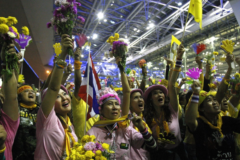 Anti-government protesters celebrate in Bangkok