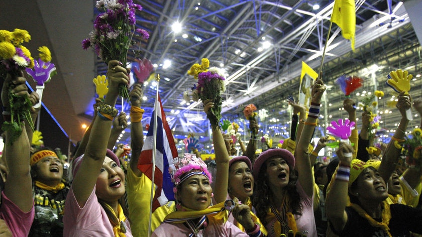 Anti-government protesters celebrate in Bangkok