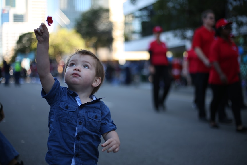 Eighteen month old Lachie Heskech at the Perth Anzac Day march