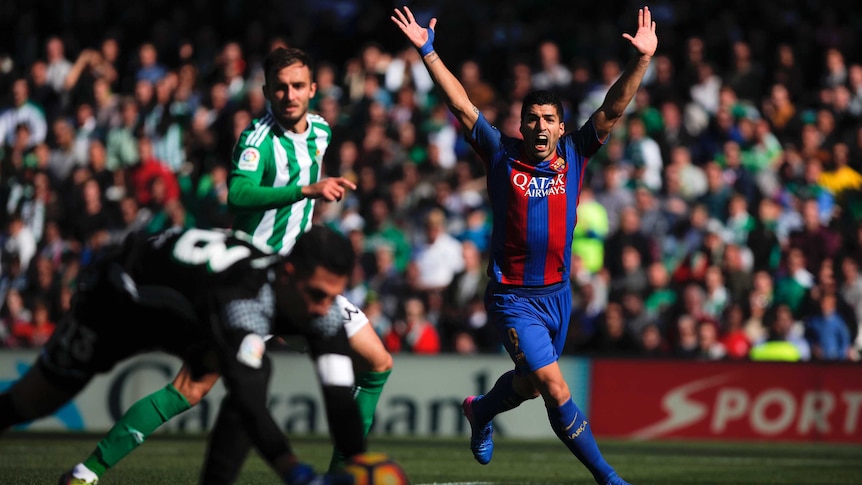 Luis Suarez (R) was denied a goal despite replays showing his shot crossed the line.